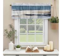 Abstract Wave Art Valances for Windows, Blue Seaside Oil Painting Style Rod Pocket Valance Short Window Treatments Curtains for Kitchen Bathroom Bedroom Decor, 60 x 18 Inches
