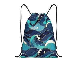 Abstract Wave With Blue And Teal Wavy Lines White Bubbles Sports Backpack Versatile Drawstring Gym Unisex String Bags For Holidays Fishing Men 39X46Cm