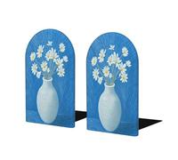 Abstract White Flowers Moon Jar Bookends For Shelves 2 Pcs Wooden Book Stopper Organizer For Home Office Libraries