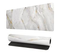 Abstract White Marble Texture Extended Mouse Pad 31.5x11.8 Inch White Desk Marble Mousepad Extended Large Non-Slip Rubber Base Waterproof Big Keyboard Mat with Stitched Edges for Gaming and Office