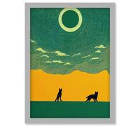 Abstract Wolves Minimalist Surreal Sky Green Yellow Artwork Framed Wall Art Print A4 Artery8 Light Grey One Size