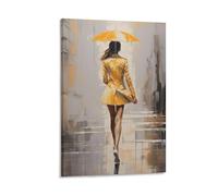 Abstract Woman Umbrella Canvas Wall Art for Bedroom Yellow Suit Woman on The Street Wall Decor Poster for Room Aesthetic