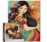Abstract Women Jigsaw Puzzle,Black Cat Puzzles for Adults 1000 Pieces Puzzles for Families, HD Quality Lady Photo Puzzle Gift, Perfect for Party Game Gifts 27 x 20 Inches