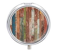 Abstract Wooden Texture Background Brown Pattern Iron Pill Box Case Organizer with Internal Separate Plastic Dividers, Travel Small Medicine Bag Holder Carrier Round Container