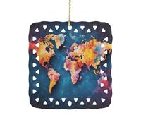 Abstract World Map Christmas Tree Ornaments Xmas Double Sided Porcelain Square Pendant with Gold String for Fireplace, Mantel, Wreath Holiday Party Decor (3 Inch)