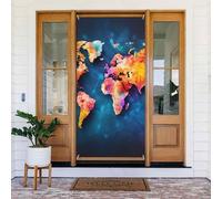 Abstract World Map Door Cover Decorations, Welcome Door Banner Backdrop Seasonal Spring Summer Porch Banner Sign Photo Background for Indoor Outdoor Party Decor 72.8 x 35.4 Inch
