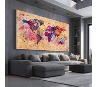 Abstract World Map Framed Canvas Wall Art for Bathroom Hallway Decor Watercolor Earth Canvas Print Colorful Ink Splash Wall Painting 80x120 cm