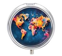 Abstract World Map Pill Box Travel Pill Case for Purse Pocket Weekly Medicine Organizer with Mirror 3 Compartment Round Medicine Case Portable PillcaseHolder for Daily