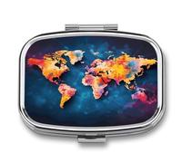 Abstract World Map Pill Case 2 Compartment Metal Small Pill Box Travel Pill Organizer Portable Medicine Container Mini Daily Medication Holder for Vitamin Container Fish Oil