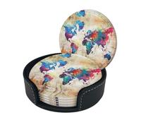 Abstract World Map Print Round Leather Coasters - Set Of 6, Ultra-Fiber Pu Leather