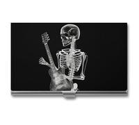 Abstract X-ray Skull Skeleton Playing Guitar Business Card Holder for Men & Women Professional Stainless Steel Business Card Case Large Capacity Slim Purse Name Cards Holders Buckle Style Shut