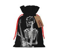 Abstract X-Ray Skull Skeleton Playing Guitar Christmas Drawstring Gift Bags Reusable Christmas Wrapping Bag W/Tags 4.7x6.9 Inch Xmas Treat Pouch Goody Bags Candy Treat Bag For Xmas Holiday Presents