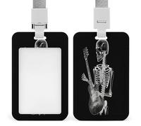 Abstract X-ray Skull Skeleton Playing Guitar ID Badge Holder Waterproof Card Protector Push-Pull Slot Work ID Card Holder with Lanyard Personalized Detachable Card Holders for Office Corporate Use