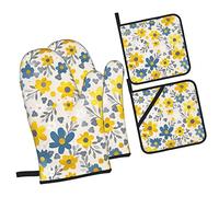 Abstract Yellow Blue Flower Fansmall Black and WhiteMushroom Oven Mitts and Pot Holders Sets of 4,NonSlip Heat Resistant Oven Gloves for Baking Cooking Grilling BBQ