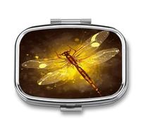 Abstract Yellow Dragonfly Pill Case 2 Compartment Metal Small Pill Box Travel Pill Organizer Portable Medicine Container Mini Daily Medication Holder for Vitamin Container Fish Oil