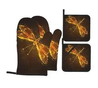 Abstract yellow Dragonfly Printed Pot Lid Gloves Set - Baking Oven Gloves, (500°F Temperature Resistant) Kitchen Cooking Heat Insulation Artifact