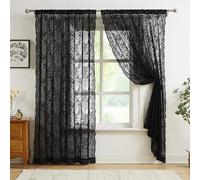 Abstractex Black Lace Net Sheer Curtains 72 Inches Long Floral Leaf Knitted Vine Vintage Light Filtering Embroidery Window Treatment for Girls Bedroom Living Room, Rod Pocket 58" W 2 Panels