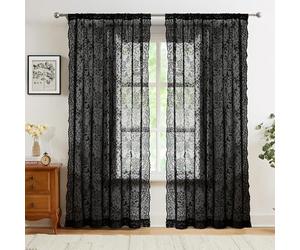 Abstractex Black Lace Net Sheer Curtains 72 Inches Long Floral Leaf Knitted Vine Vintage Light Filtering Embroidery Window Treatment for Girls Bedroom Living Room, Rod Pocket 58" W 2 Panels