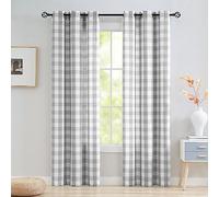 Abstractex Grey White Gingham Sheer Curtains 60x90 Inch for Bedroom Wide Buffalo Check Linen Textured Semi Sheer Privacy Drapes for Living Room Light Filtering Rustic Eyelet Window Treatments 2 Pcs