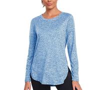 Absttith Women's Long Sleeve Workout Shirts Running Yoga Tops Athletic Sport Tee Side Split Gym Clothes, Blue, XXL