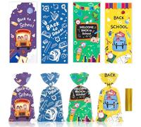 ABTOLS 100PCS Back to School Cellophane Treat Bags, First Day of School Cellophane Goodies Bag Colorful Bus Pencil Blackboard Treat Bags with Twist Ties for School Class Party Favor Supplies