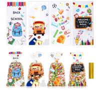 ABTOLS 100PCS Back to School Cellophane Treat Bags, First Day of School Cellophane Goodies Bag Colorful Bus Pencil Blackboard Clear Treat Bags with Twist Ties for School Class Party Favor Supplies