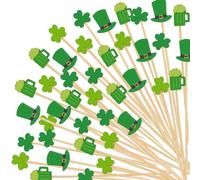 ABTOLS 100pcs St Patrick's Day Cocktail Sticks, 4.7inch Green Clover Hat Beer Cup Bamboo Toothpicks Cocktail Sticks Shamrock Food Garnish Skewer Sticks for Irish Party Decoration
