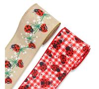 ABTOLS 2 Roll 10 Yards Ladybug Ribbons, 2.5" Red White Buffalo Plaid Wired Edge Burlap Ribbon Floral Ladybird Ribbon for Spring Party Decor Gift DIY Crafts Wreaths Bow
