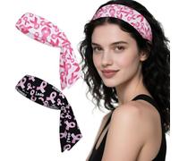 ABTOLS 2PCS Breast Cancer Awareness Tie Sweatband Headband for Men Women, Pink Black Awareness Athletic Hairband Tie Up Sweatband for Breast Cancer Fundraising Events Support