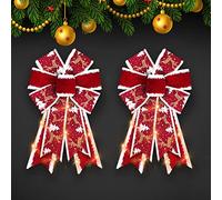 ABTOLS 2PCS Christmas LED Wreath Bows, Red Velvet Bows for Wreath Rustic Farmhouse Bows for Front Door Winter Red Bows Christmas Glitter Deer Tree Bows for New Year Indoor Outdoor Xmas Decor