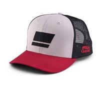 Abu Garcia Flag Trucker Fishing Cap | Mid-Crown Snapback Hat | Pre-Curved Recycled Visor | Front Flag Logo & Side Wordmark Embroidery | Outdoor Angler Hat | Fishing & Boating Cap | Grey/Red/Black