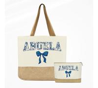 Abuela Gifts, Abuela Birthday Gifts, Abuelas Tote Bag, Gift for Women Grandma Granny, Reusable Blue Bow Floral Tote Bag and Makeup Bags for Beach Travel, Christmas Retirement Appreciation Gift