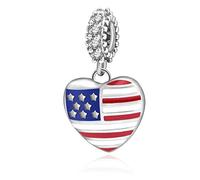 ABUN American USA Flag Heart Charms 925 Sterling Silver Patriotic Love Beads Fits European Charms Bracelet, Silver, enamel