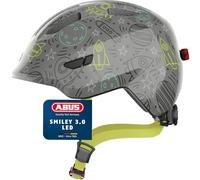 ABUS children's helmet Smiley 3.0 LED - bike helmet with light - deep fit and space for a pigtail - for girls and boys - grey with space pattern, size S, S (45-50 cm)