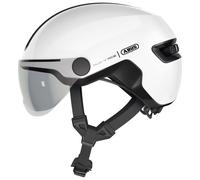 ABUS HUD-Y ACE city helmet - stylish bike helmet with visor and magnetic, rechargeable rear LED light - for men and women - white, size M