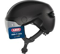 ABUS HUD-Y ACE city helmet - stylish bike helmet with visor and magnetic, rechargeable rear LED light - for men and women - black, size S