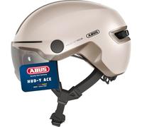 ABUS HUD-Y ACE city helmet - stylish bike helmet with visor and magnetic, rechargeable rear LED light - for men and women - beige, size M