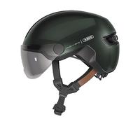 ABUS HUD-Y ACE city helmet - stylish bike helmet with visor and magnetic, rechargeable rear LED light - for men and women - green, size M