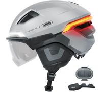 ABUS HYP-E B.LACE Bike Helmet - with Front, Rear and Indicator Light as well as Wireless Brake Light Activation - with Visor and Earmuffs - for Bike, e-Bike and S-Pedelec - Size L, Silver