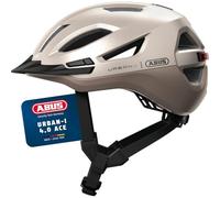 ABUS Urban-I 4.0 ACE city helmet - bicycle helmet with rechargeable rear light, 4 light modes, visor, ponytail opening and magnetic fastener - for teenagers, women and men - size L, beige
