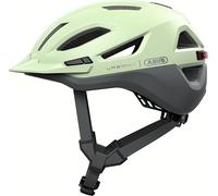 ABUS Urban-I 4.0 ACE city helmet - bicycle helmet with rechargeable rear light, 4 light modes, visor, ponytail opening and magnetic fastener - for teenagers, women and men - size S, green