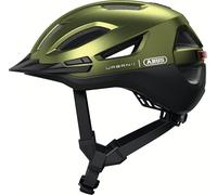 ABUS Urban-I 4.0 ACE city helmet - bicycle helmet with rechargeable rear light, 4 light modes, visor, ponytail opening and magnetic closure - for teenagers, women and men - size L, green