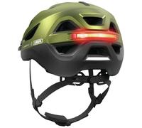ABUS Urban-I 4.0 ACE city helmet - bicycle helmet with rechargeable rear light, 4 light modes, visor, ponytail opening and magnetic closure - for teenagers, women and men - size L, green