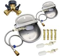 Abustle Pig Automatic Dog & Large Animal Drinking Water Trough Bowl Kit, 2 Sets, Stainless Steel, 2-Way Brass Hose Splitter, Float Valve, Drainage Hole