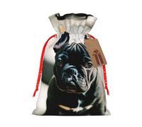 ABYchdd Adorable French Bulldog Print Christmas Drawstring Present Bag, Polyester Linen-Like Bag, Reusable Holiday Goodie Bag