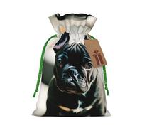 ABYchdd Adorable French Bulldog Print Christmas Drawstring Present Bag, Polyester Linen-Like Bag, Reusable Holiday Goodie Bag