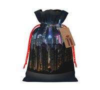 ABYchdd Aerial Night Of View Hong Kong Print Christmas Drawstring Present Bag, Polyester Linen-Like Bag, Reusable Holiday Goodie Bag