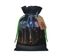 ABYchdd Aerial Night Of View Hong Kong Print Christmas Drawstring Present Bag, Polyester Linen-Like Bag, Reusable Holiday Goodie Bag