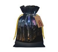 ABYchdd Aerial Night Of View Hong Kong Print Christmas Drawstring Present Bag, Polyester Linen-Like Bag, Reusable Holiday Goodie Bag