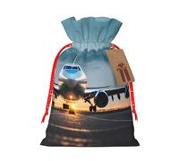 ABYchdd Airplane In The Evening Light Print Christmas Drawstring Present Bag, Polyester Linen-Like Bag, Reusable Holiday Goodie Bag